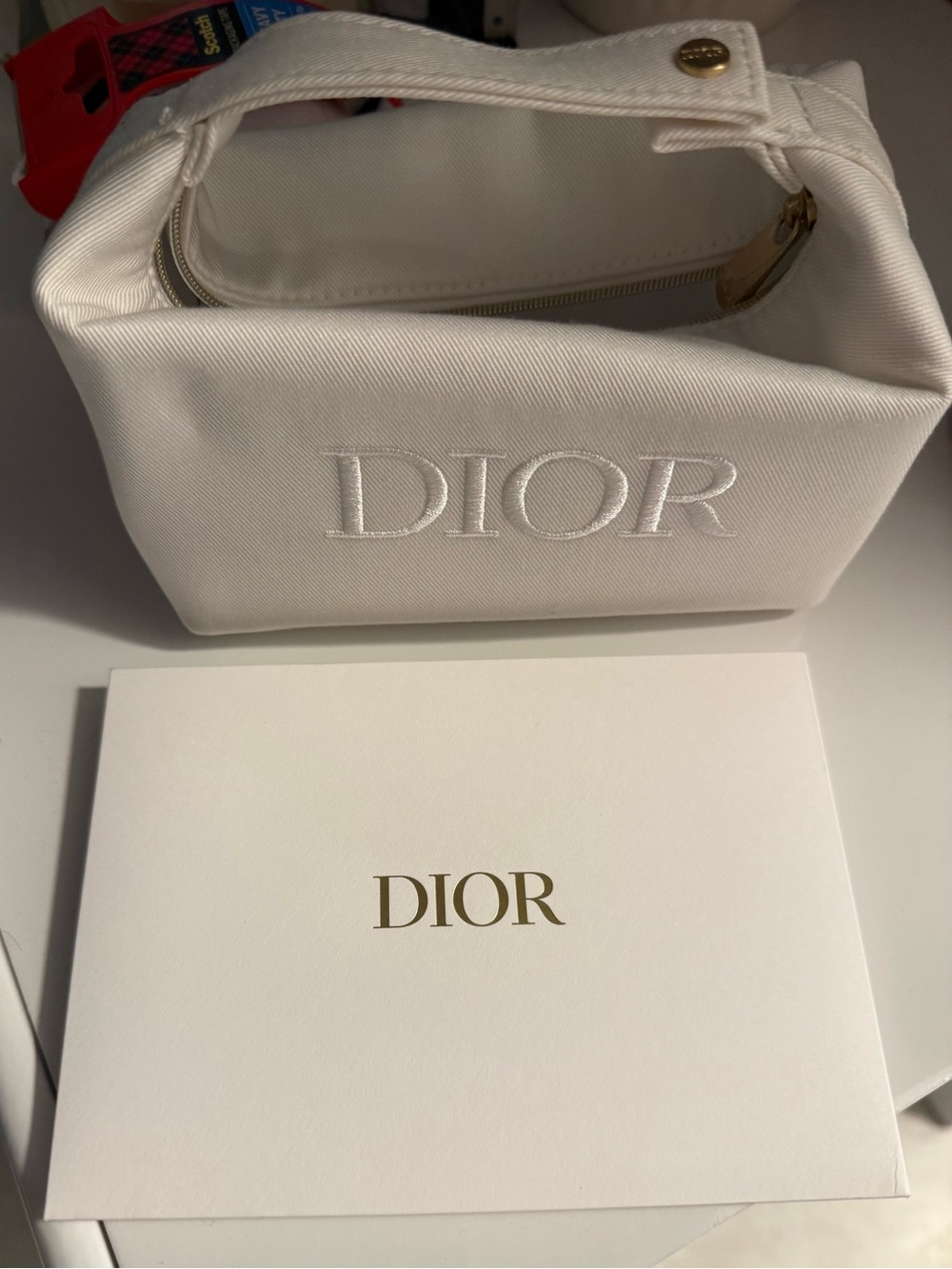 Dior Cream Embroidered Logo Small Cosmetic Pouch comes with Dior card